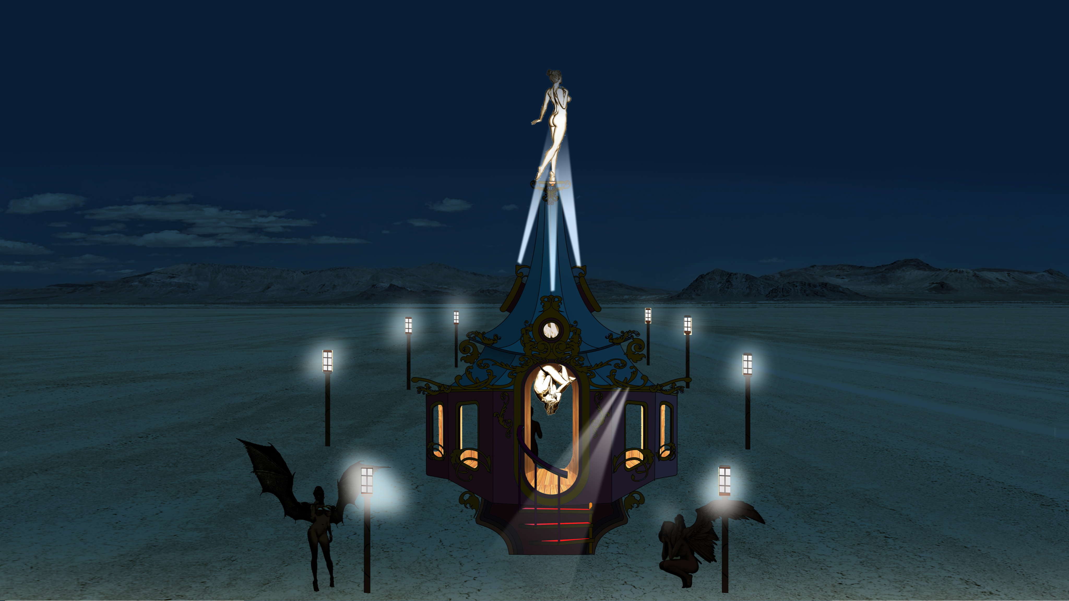Concept art of Playful Again at night, the pavilion lit by spotlights and lamp posts