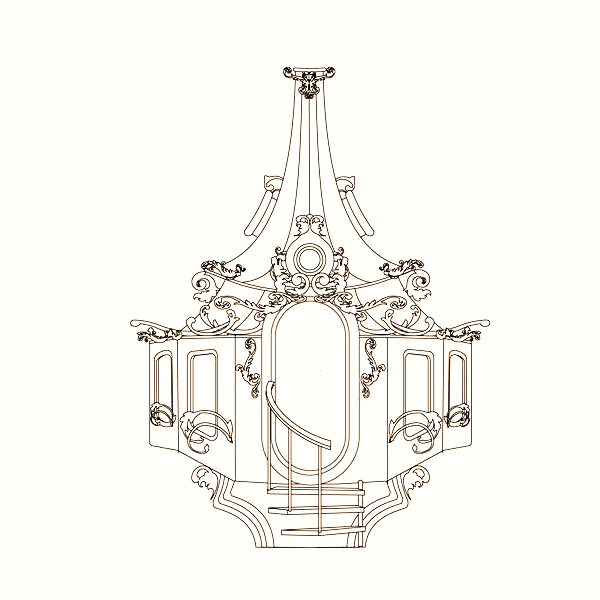 Line drawing of the ornate pavilion, with scrollwork, arched windows and a central doorway
