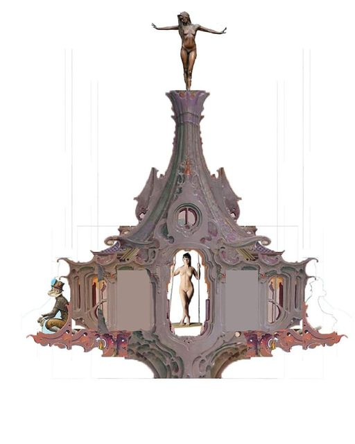 Rendering of the ornate pavilion in mauve tones, with a figure standing in the doorway and a dancing figure on top