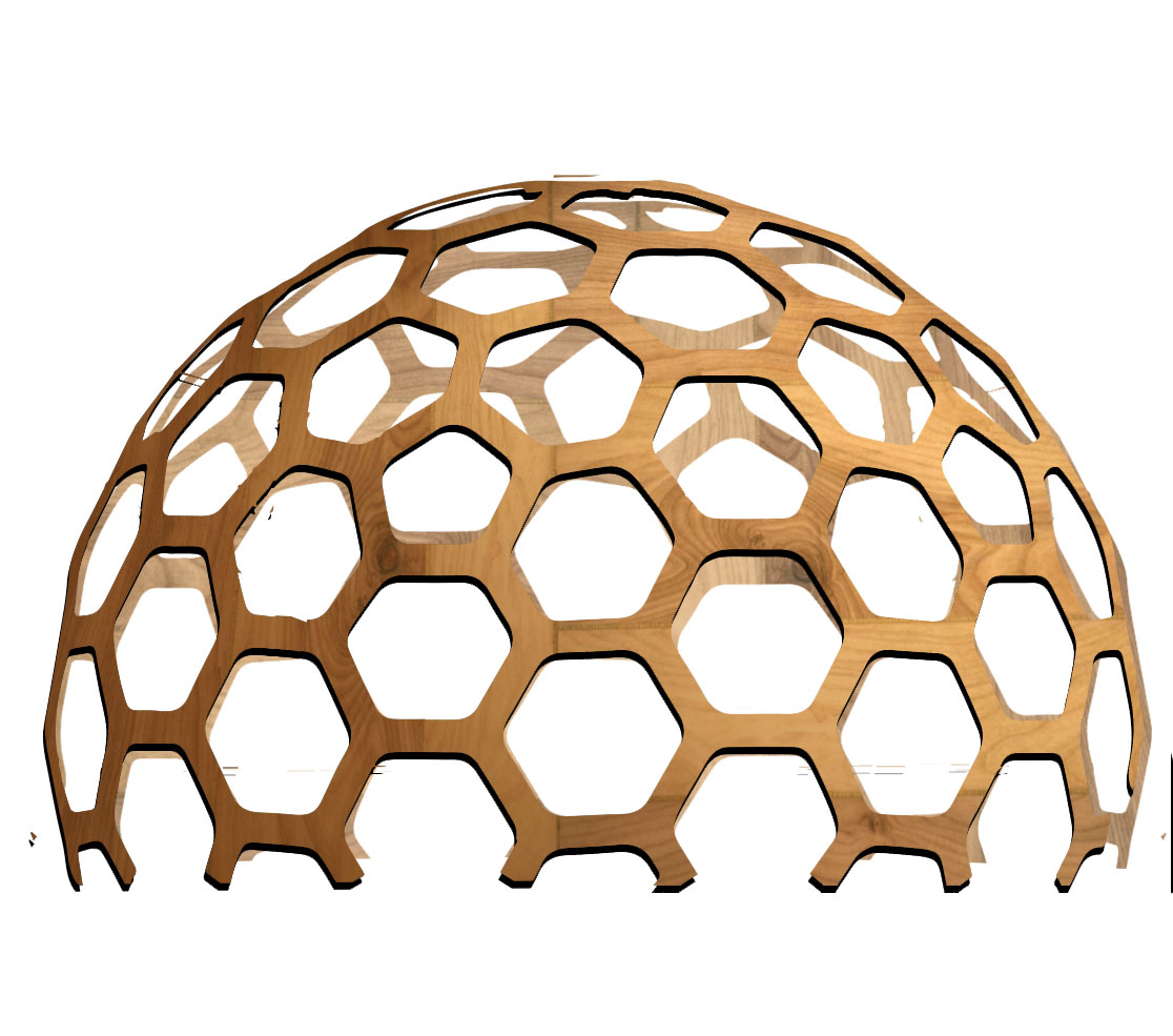 Design for a wooden geodesic dome with hexagonal openings