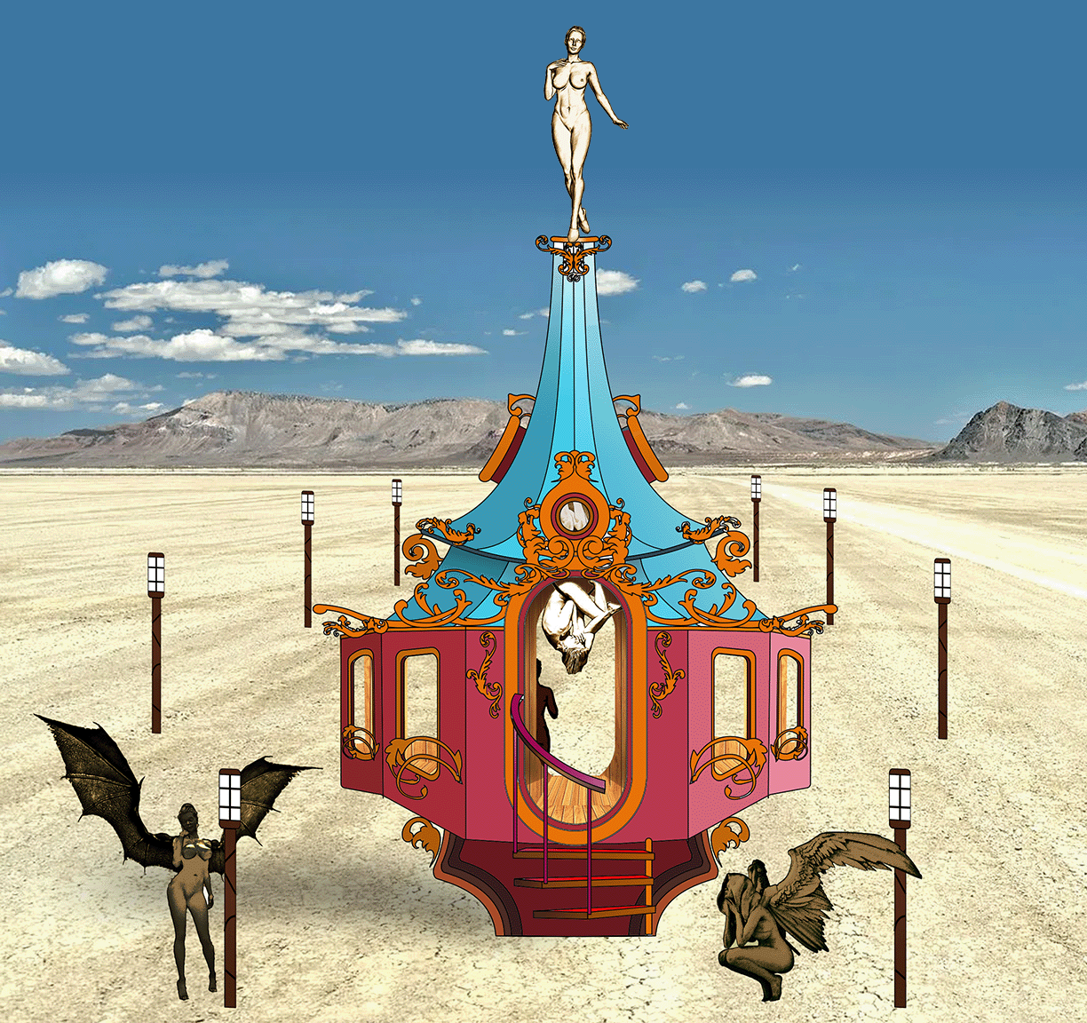 Animated rendering of the pink and turquoise pavilion by day, with winged figures and lamp posts around it