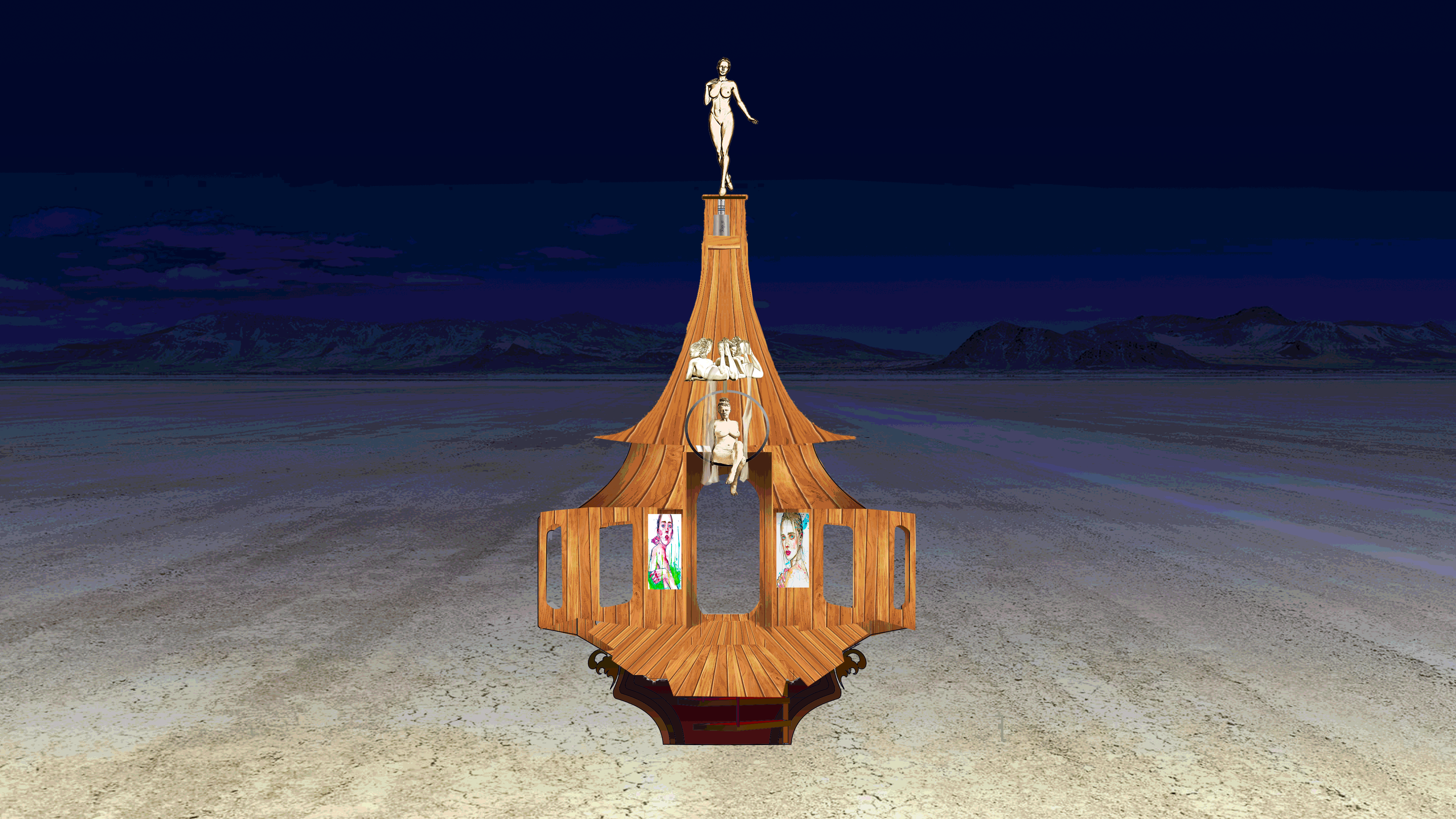 Animated rendering of the wooden, pagoda-style pavilion at night on the playa