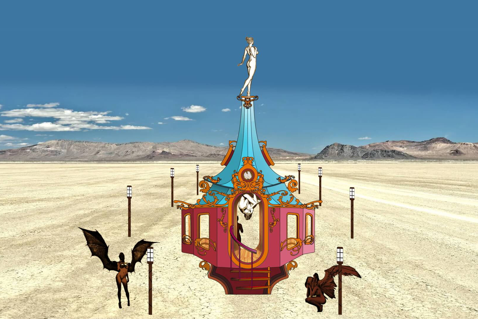 Concept art for Playful Again: a red and blue carousel-like pavilion topped by a dancing figure on the playa