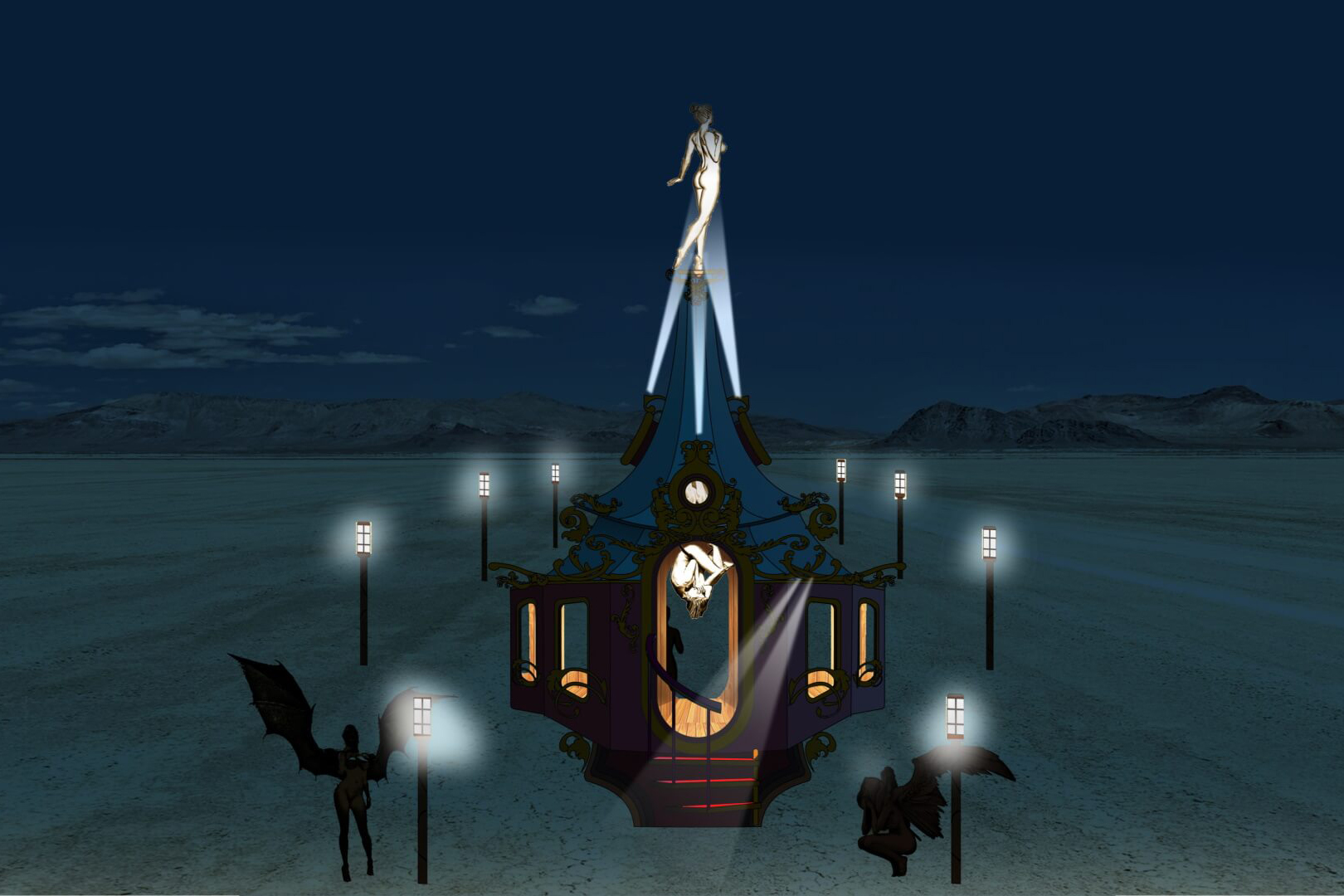 Concept art for Playful Again at night, the pavilion lit by spotlights and lamp posts
