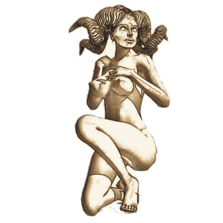 Concept art for a kneeling woman with a curly ram-like horns on her head
