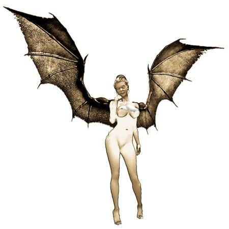 Concept art for a woman standing, unfurling a set of bat-like wings