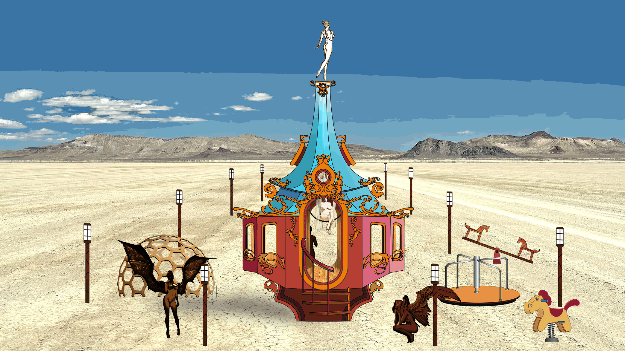 Concept art of the playground with spinning figures